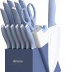 Astercook Kitchen Knife Set with Block and Sharpener 15 Piece Ceramic Coating German High Carbon Stainless Steel Knives Sharp Blade Dishwasher Safe Knife Block Set with Ergonomic Handle, Delicate Blue