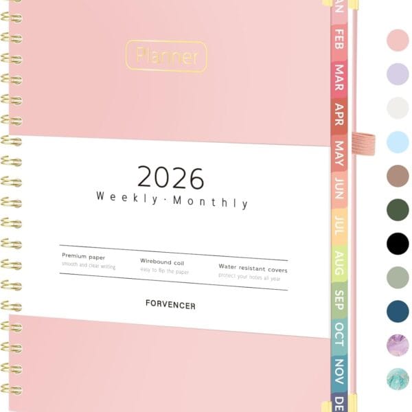 Forvencer 2026 Planner, Hardcover Calendar Planner Weekly and Monthly, January 2026 - December 2026, 8.5" x 11", Spiral Agenda Book with Tabs, Exquisite Daily Journal with Inner Pocket, Organizer Notebook for Office Home School, A4 Size, Pink
