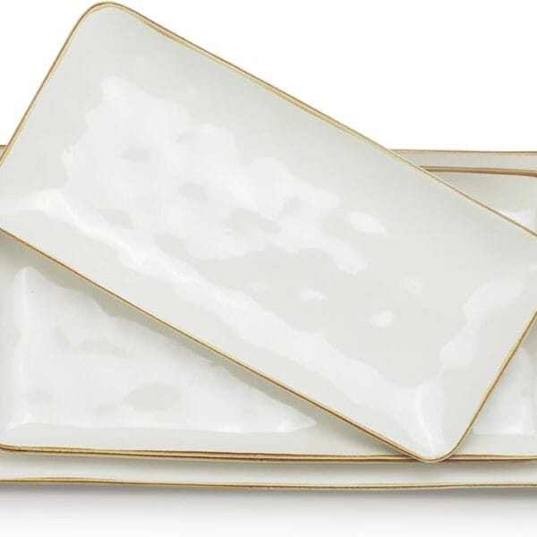 famiware Serving Platter, Rectangular 15.67/14.1/12.6inch Serving Dishes for Entertaining, Microwave Dishwasher Safe, Stoneware Serving Trays for Party, Turkey, Cheese, Ocean Series, Vanilla White