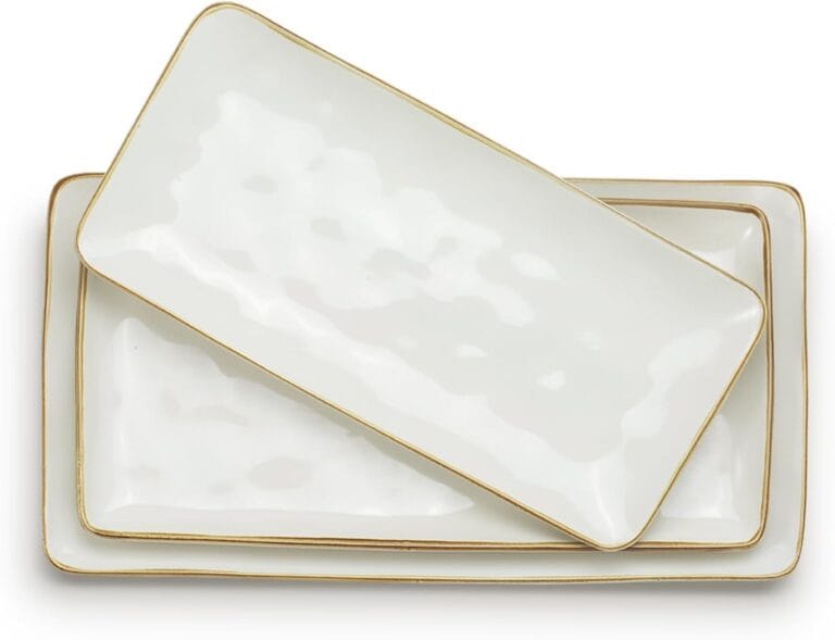 famiware Serving Platter, Rectangular 15.67/14.1/12.6inch Serving Dishes for Entertaining, Microwave Dishwasher Safe, Stoneware Serving Trays for Party, Turkey, Cheese, Ocean Series, Vanilla White