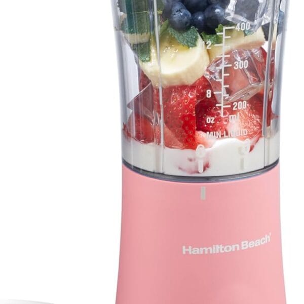 Hamilton Beach Portable Blender for Shakes and Smoothies, 14 Oz BPA Free Travel Cup & Lid, Durable Stainless Steel Blades, Personal Smoothie Blender, Coral (51171)