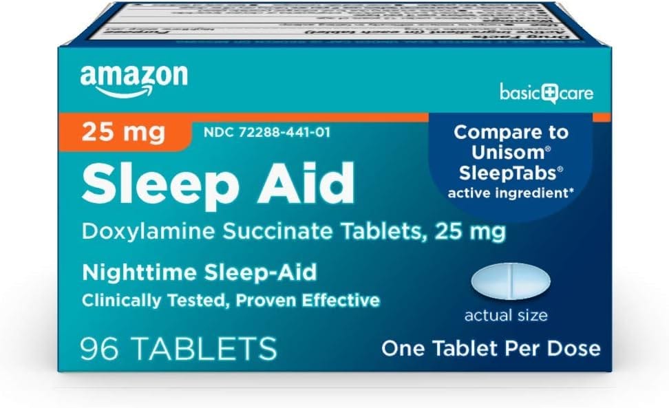 Amazon Basic Care Nighttime Sleep Aid Tablets For Adults, Doxylamine Succinate 25 Mg, 96 Count Amazon Basic Care Nighttime Sleep Aid Tablets for Adults, Doxylamine Succinate 25 mg, 96 Count