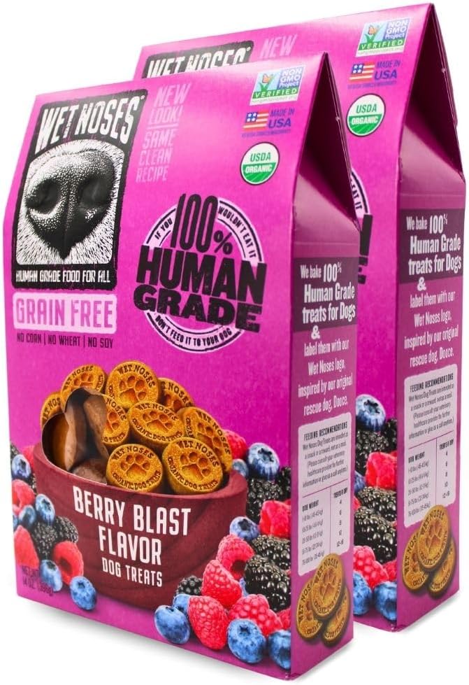 Wet Noses Organic Crunchy Dog Treats  for All Pet Sizes, Breeds  All-Natural Puppy Treat, Senior Dog Snack  100% Human-Grade  Delicious Chews for Dogs  Grain-Free Berry Blast, 14 Oz (2-Pack)