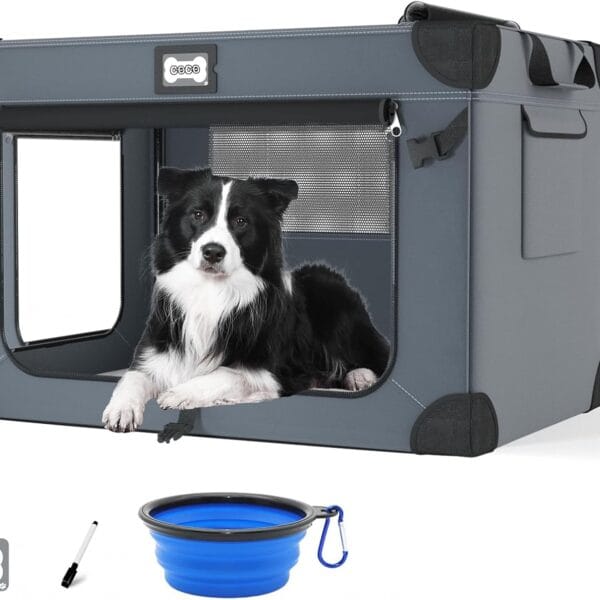 36 Inch Soft Dog Crates, Portable Travel Crate for Large Dogs, 3-Door Foldable Soft Kennel with Mesh Windows for Indoor & Outdoor Travel, with Blanket and a Foldable Bowl