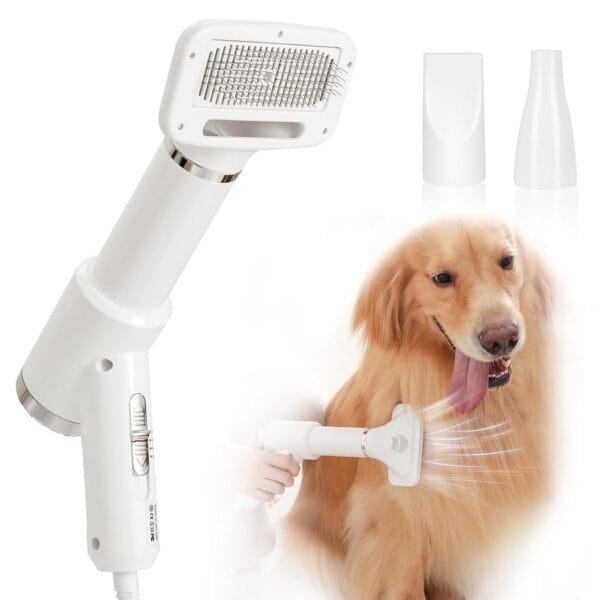 Portable Dog Hair Dryer with Brush  300W, 3 Heat Settings, Quiet, Overheat Protection for Small Medium Pets