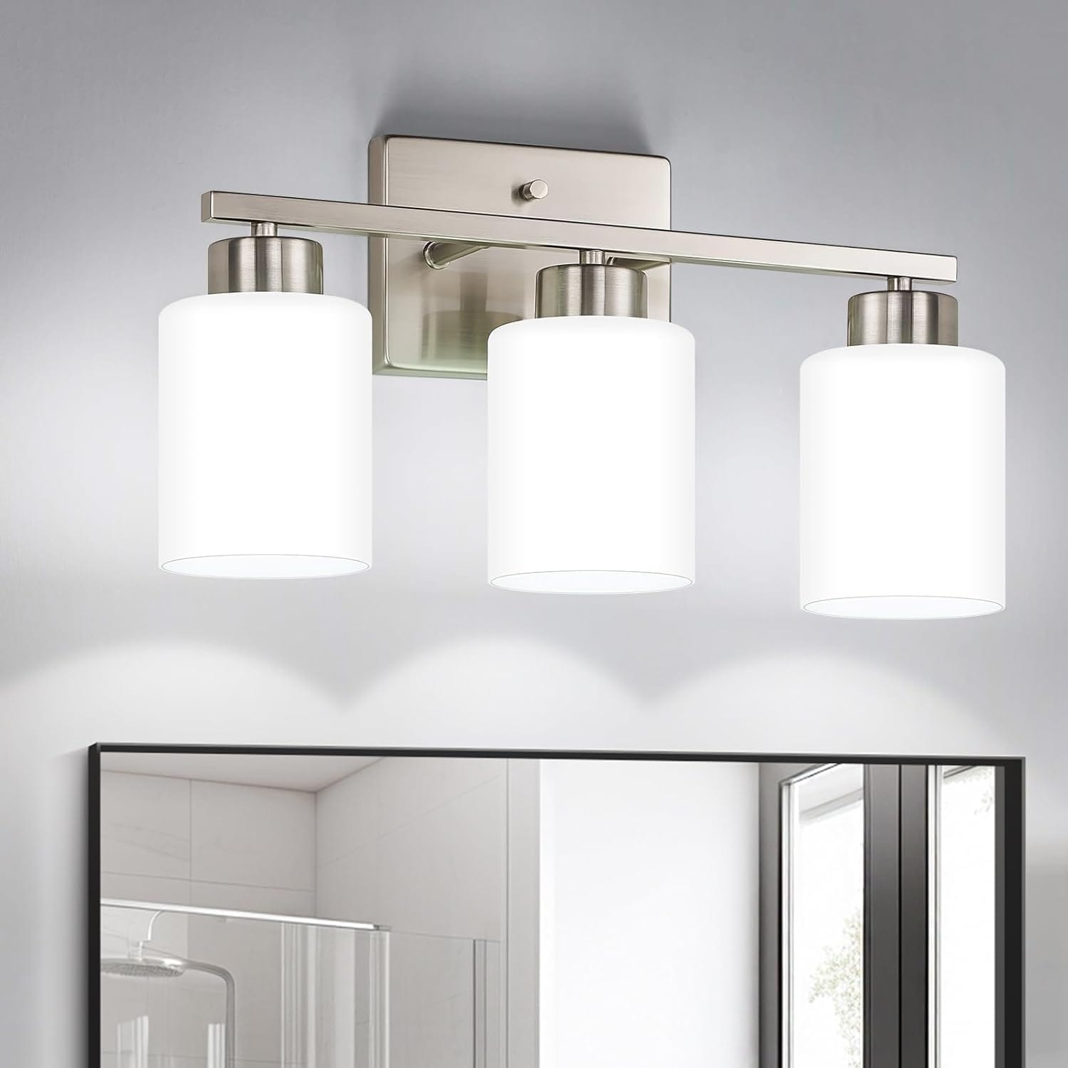 Brushed Nickel Bathroom Light Fixtures, 3-Light Modern Vanity Light Over Mirror, Wall Sconces with Milky White Frosted Glass Shades, E26 Socket (Bulbs Not Included) Brushed Nickel Bathroom Light Fixtures, 3-Light Modern Vanity Light Over Mirror, Wall Sconces with Milky White Frosted Glass Shades, E26 Socket (Bulbs Not Included)
