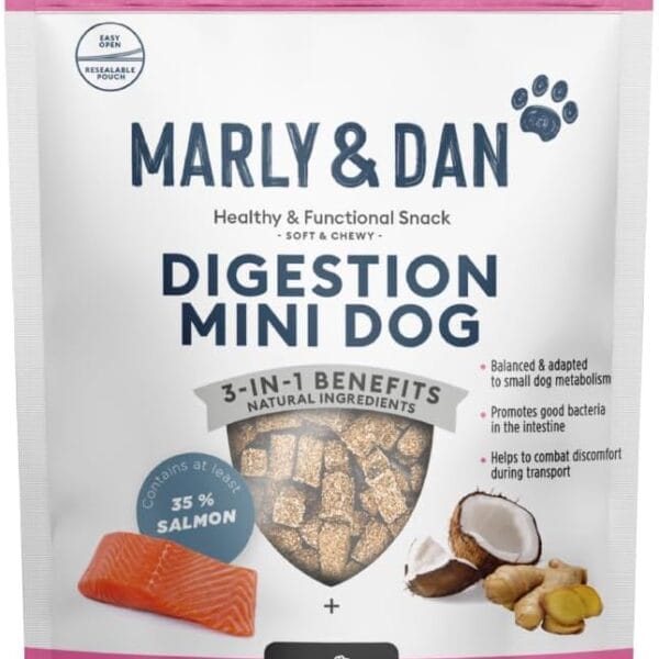 Marly & Dan Small Breed Probiotic Digestive & Gut Health Mini Dog Treats for Small Dogs, Functional Dog Treats Made in France with Salmon, Sweet Potato, and Coconut, 3.5 oz Bag