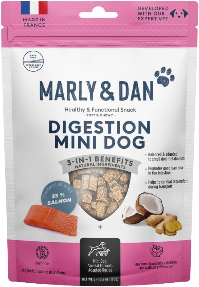 Marly & Dan Small Breed Probiotic Digestive & Gut Health Mini Dog Treats for Small Dogs, Functional Dog Treats Made in France with Salmon, Sweet Potato, and Coconut, 3.5 oz Bag