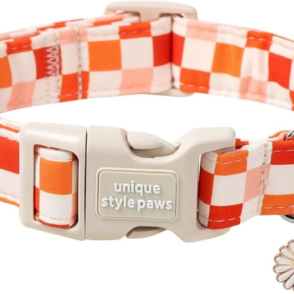 Unique Style Paws Fall Dog Collar,Orange Checkerboard Print Dog Collar,Soft Cotton Puppy Collars for Autumn,Adjustable Collars for Small Medium Large Dogs