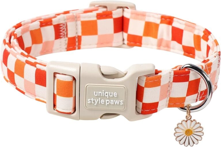 Unique Style Paws Fall Dog Collar,Orange Checkerboard Print Dog Collar,Soft Cotton Puppy Collars for Autumn,Adjustable Collars for Small Medium Large Dogs