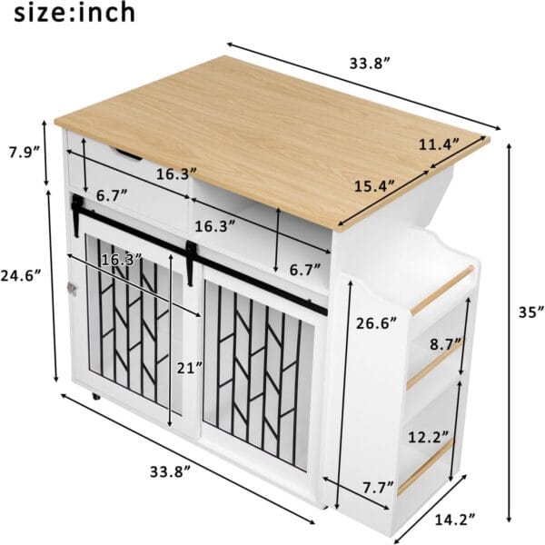 41.5" Dog Crate Kitchen Island Furniture, Multi-Functional Pet House End Table with Storage Drawer & Sliding Doors, Natural White MDF Cabinet for Small Medium Dogs