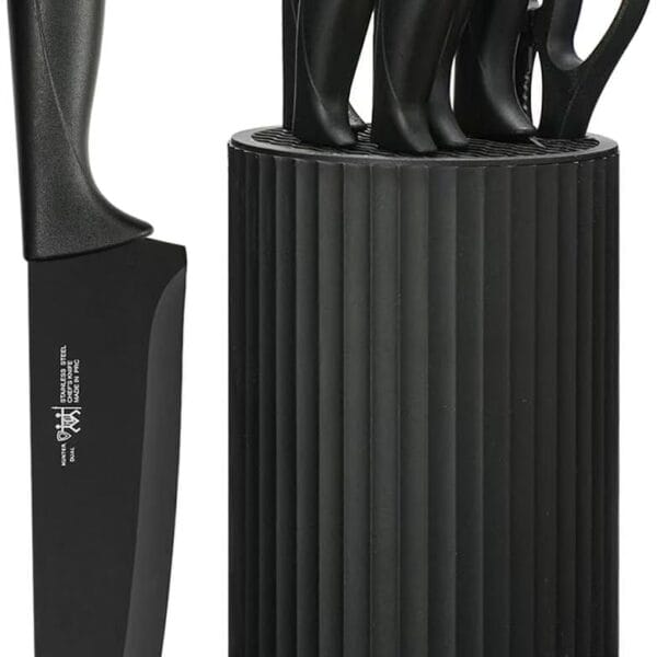 Knife Set, 8-Piece Kitchen Knife Set for Chef, Sharp Knife Set with Universal Knife Block, Anti-Rust Kitchen Knife Block Set, Ergonomical Design (Black)