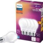 PHILIPS LED 60W A19 4-Pack Ultra Definition Soft White (2700K) 800 Lumen (8W = 60W) Dimmable Clear Flicker-Free Light Bulbs