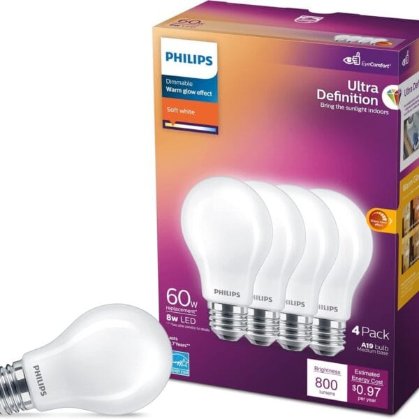 PHILIPS LED 60W A19 4-Pack Ultra Definition Soft White (2700K) 800 Lumen (8W = 60W) Dimmable Clear Flicker-Free Light Bulbs