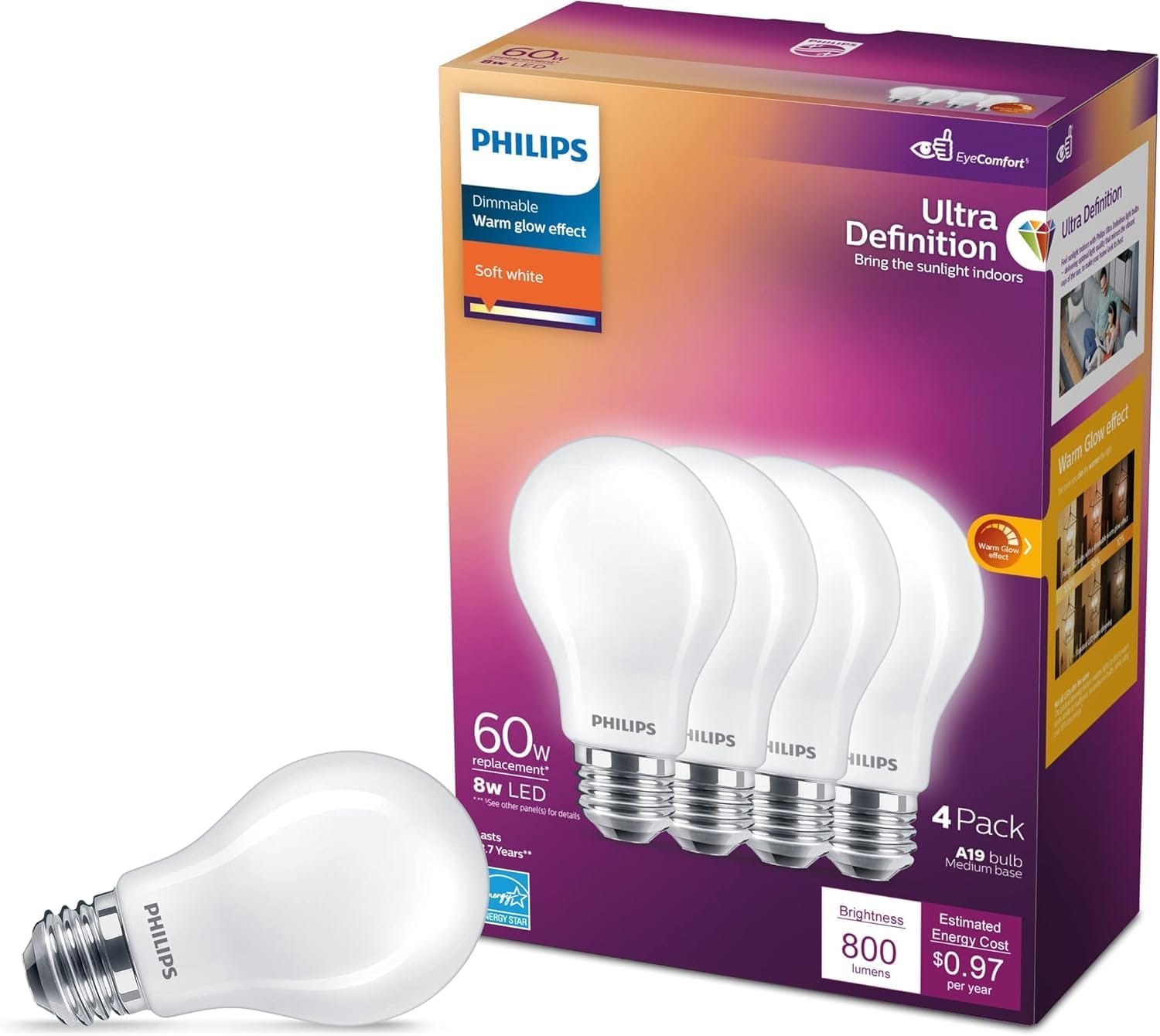 PHILIPS LED 60W A19 4 Pack Ultra Definition Soft White (2700K) 800 Lumen (8W = 60W) Dimmable Clear Flicker Free Light Bulbs PHILIPS LED 60W A19 4-Pack Ultra Definition Soft White (2700K) 800 Lumen (8W = 60W) Dimmable Clear Flicker-Free Light Bulbs