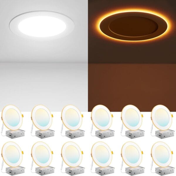 Amico 12 Pack 6 Inch 5CCT LED Recessed Ceiling Light with Night Light, 2700K/3000K/3500K/4000K/5000K Selectable Ultra-Thin Lighting, 12W=110W, 1100LM, Dimmable Canless Wafer Downlight ETL&FCC