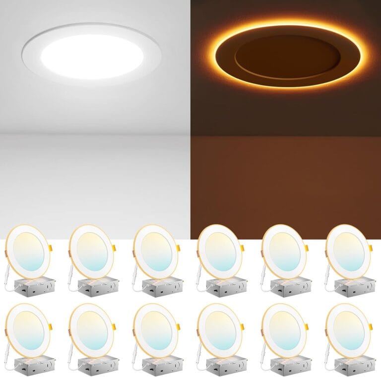 Amico 12 Pack 6 Inch 5CCT LED Recessed Ceiling Light with Night Light, 2700K/3000K/3500K/4000K/5000K Selectable Ultra-Thin Lighting, 12W=110W, 1100LM, Dimmable Canless Wafer Downlight ETL&FCC