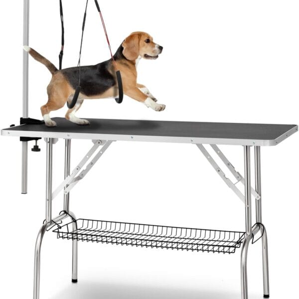 Magshion 43.5 Inch Dog Grooming Table with Adjustable Arm for Small to Large Dogs, Professional Folding Home Pet Grooming Station for Dogs and Cats Home Trimming with Non-slip top, and Storage Basket