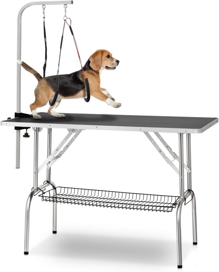 Magshion 43.5 Inch Dog Grooming Table with Adjustable Arm for Small to Large Dogs, Professional Folding Home Pet Grooming Station for Dogs and Cats Home Trimming with Non-slip top, and Storage Basket