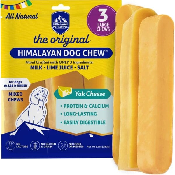 Himalayan Dog Chew Original Yak Cheese Dog Chew, 3 XL/Large Sticks, 3.3 oz, Gluten Free, Healthy Dog Treats, Grain & Lactose Free 100% Natural, Long Lasting Chews for Dogs Under 65 lbs