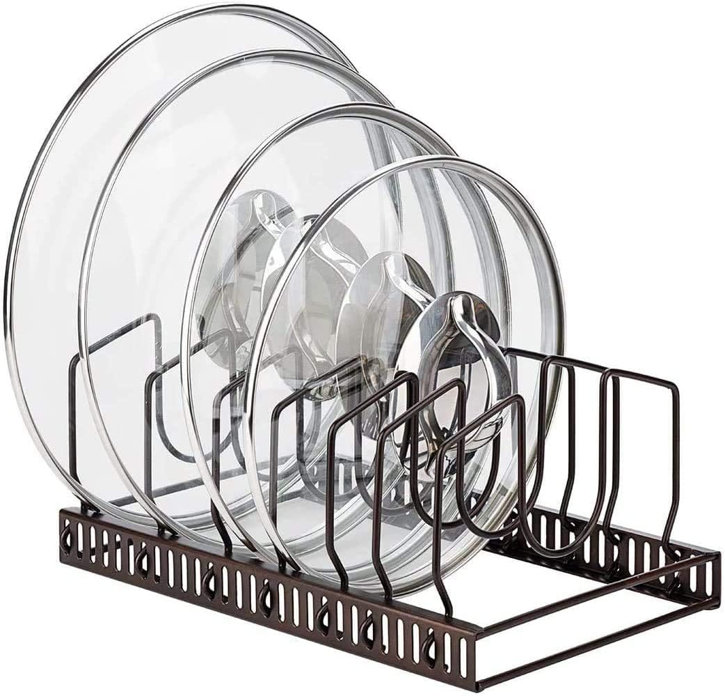 Toplife Pot Lids Organizer Rack For Cabinet And Countertop, 7+ Pan Lids And Bakeware Organizer Rack Holder With 7 Adjustable Compartments Brown Toplife Pot Lids Organizer Rack for Cabinet and Countertop, 7+ Pan Lids and Bakeware Organizer Rack Holder with 7 Adjustable Compartments - Brown