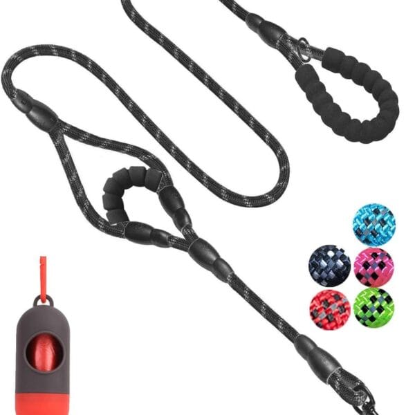 JSXD Heavy Duty Double Handle Dog Leash - 5 FT, Padded & Reflective, Rope for Small to Large Dogs (Black)