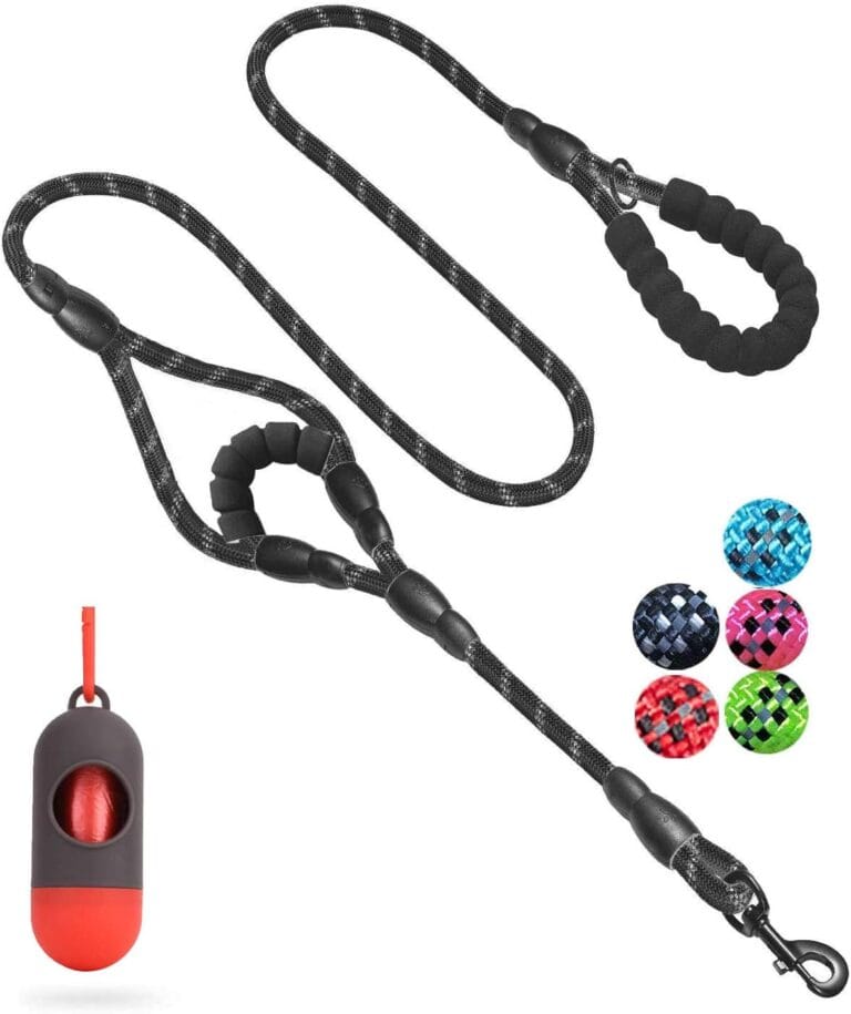 JSXD Heavy Duty Double Handle Dog Leash - 5 FT, Padded & Reflective, Rope for Small to Large Dogs (Black)