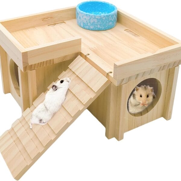 Wooden Hamster Hideout Hamster Wood House with Ladder Hides Platform Decor Detachable Small Animals Cage Accessories for Rat Gerbils and Other Small Pets