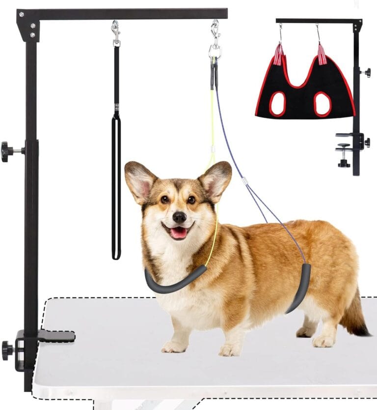 Dog Grooming Arm with Clamp, Heavy Duty Pet Grooming Table Arm with Grooming Hammock, Loop Noose & Two No-Sit Haunch Holder, 36" Height Adjustable for Medium & Small Pets, Black