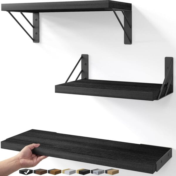 BAYKA Wall Shelves for Bedroom Decor, Floating Wall Shelves for Living Room Kitchen Storage, Mounted Rustic Wood Floating Shelves for Kids Books, Corner Shelves for Bathroom, Office(Set of 3)