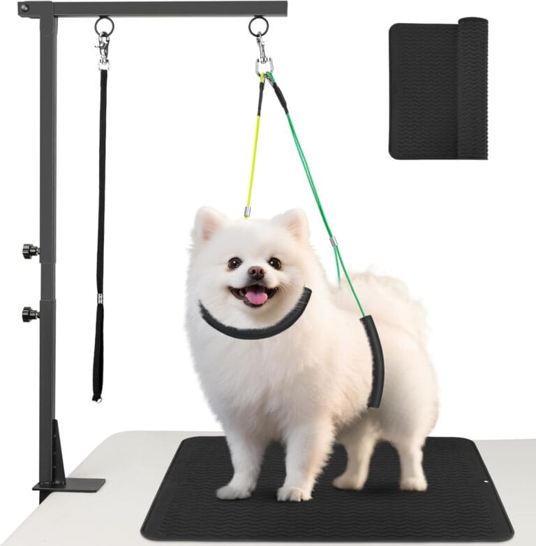 Dog Grooming Arm with Clamp, 38.5" Adjustable Pet Grooming Table Arm with Non-Slip Mat Pad, Foldable Dog Grooming Stand with Loop Noose and No-Sit Haunch Holders for Small Medium Dogs at Home