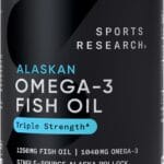 Sports Research Triple Strength Omega 3 Fish Oil - Burpless Fish Oil Supplement w/EPA & DHA Fatty Acids from Single-Source Wild Alaskan Pollock - 1250 mg, 90 ct