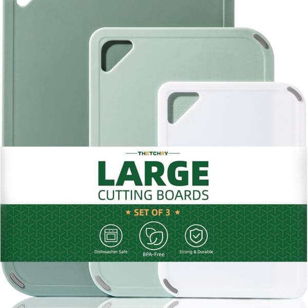 Plastic Cutting Board Set of 3-Cutting Boards for Kitchen BPA Free, Large-Small Chopping Boards Non-Slip for Cooking Camping Dishwasher Safe, Reversible, with Grip Handle, 15"10"0.6" Green