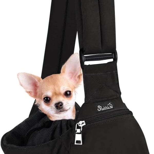 SlowTon Dog Carrier Sling - Hard Bottom Support Dog Carriers for Small Dogs with Adjustable Padded Shoudler Strap, Dog Purse for Puppy Cat Pet with Drawstring Opening Storage Zipper Pockets (Black)