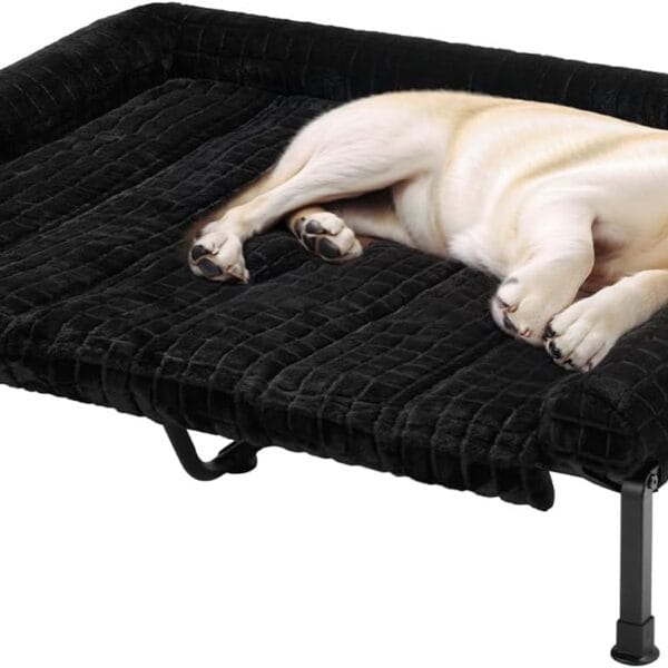Veehoo Cooling Elevated Dog Bed with Fluffy Plush Cushion, Washable Raised Dog Beds with Removable Bolster, Breathable Mesh, No-Slip Feet, Heavy Duty Pet Cot for Large Dogs, 53 x 37 inches, Black