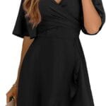 Dokotoo Women's Wrap V Neck Short Flared Sleeve Wedding Guest Dress Smocked Elastic Waist Tiered Belted Ruffle Hem Mini Dress