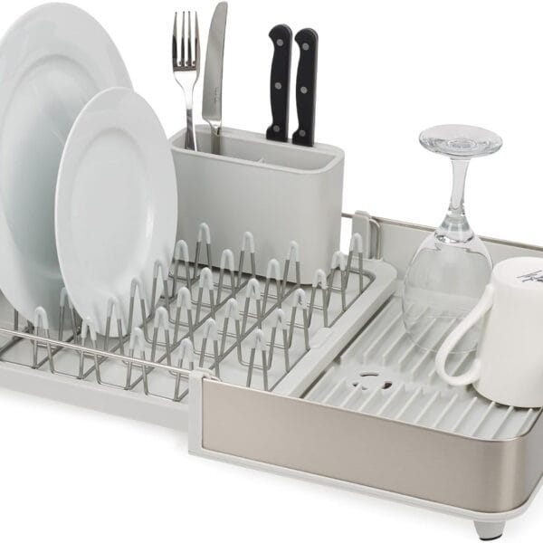 Joseph Joseph Extend Steel Expandable Dish Drying Rack with Removable Cutlery Holder Swivel Draining Spout, Stainless Steel