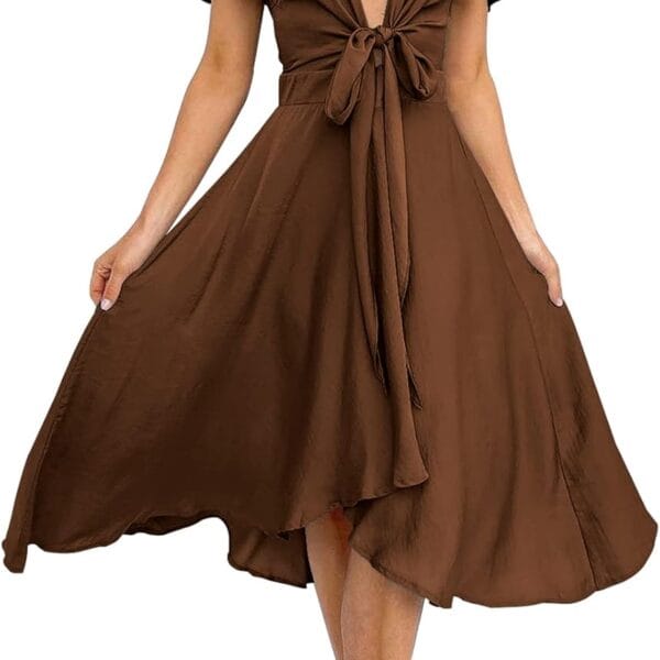 miduo Womens Satin V Neck Ruffle Short Sleeve Tie Front High Waist Midi A-Line Maxi Dresses