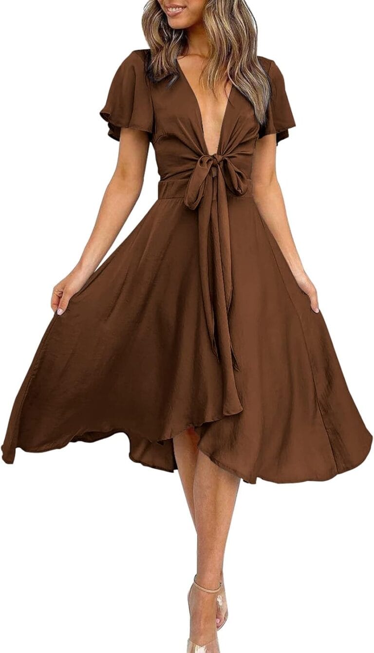 miduo Womens Satin V Neck Ruffle Short Sleeve Tie Front High Waist Midi A-Line Maxi Dresses