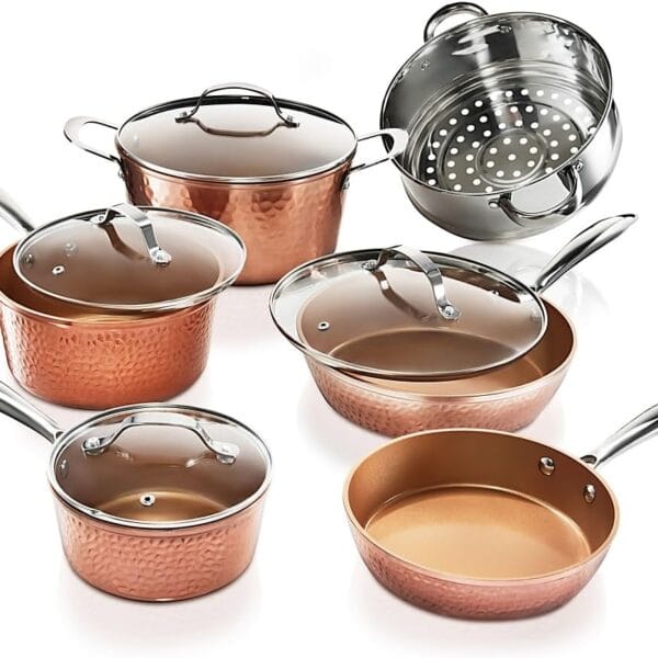 Gotham Steel Hammered 15 Pc Ceramic Cookware Set, Induction Pots and Pans Set Non Stick with Cooking Utensils & Steamer, Non Toxic Ceramic & Titanium Coating PFOA PFOS Free, Oven & Dishwasher Safe