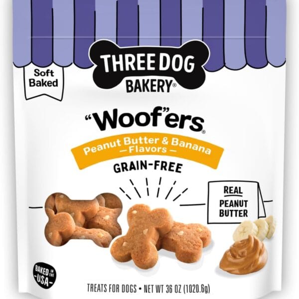 Three Dog Bakery Grain-Free “Woof”ers, Peanut Butter & Banana Flavor – Grain-Free Dog Treat, Cookies for Dog Training Treats, Puppy Treats with Real Ingredients