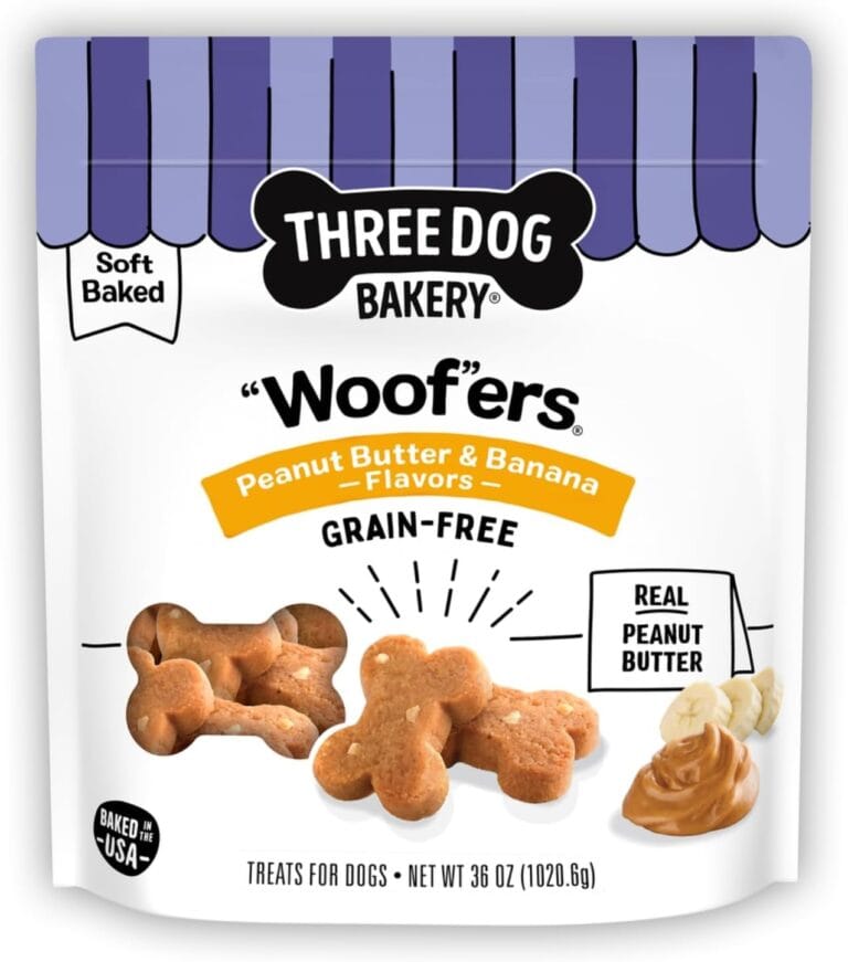Three Dog Bakery Grain-Free “Woof”ers, Peanut Butter & Banana Flavor – Grain-Free Dog Treat, Cookies for Dog Training Treats, Puppy Treats with Real Ingredients