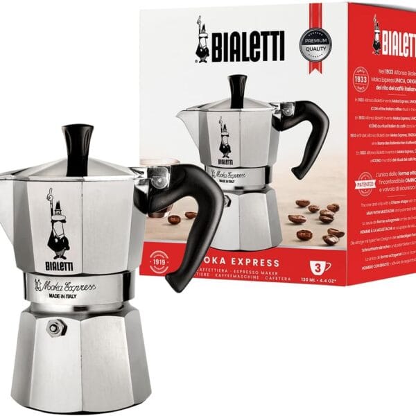 Bialetti Moka Express Iconic Italian Stovetop Espresso Maker 3 Cups, Aluminium, Silver
