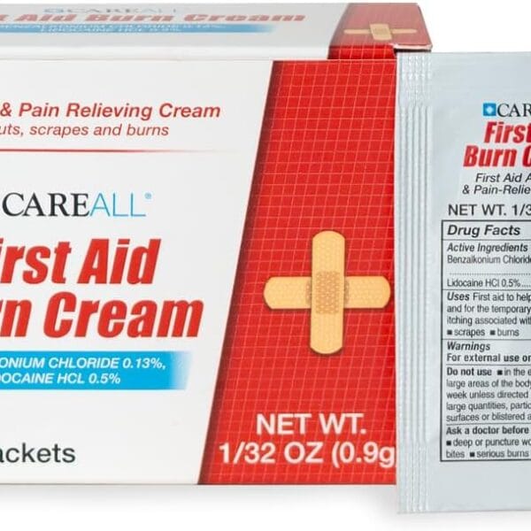 CareALL First Aid Burn Relief Cream 0.9g Packets (Pack of 25) Pain Relieving First Aid Cream for Temporary Relief of Pain from Minor Burns, Cuts, and Scrapes. Prevents Infection
