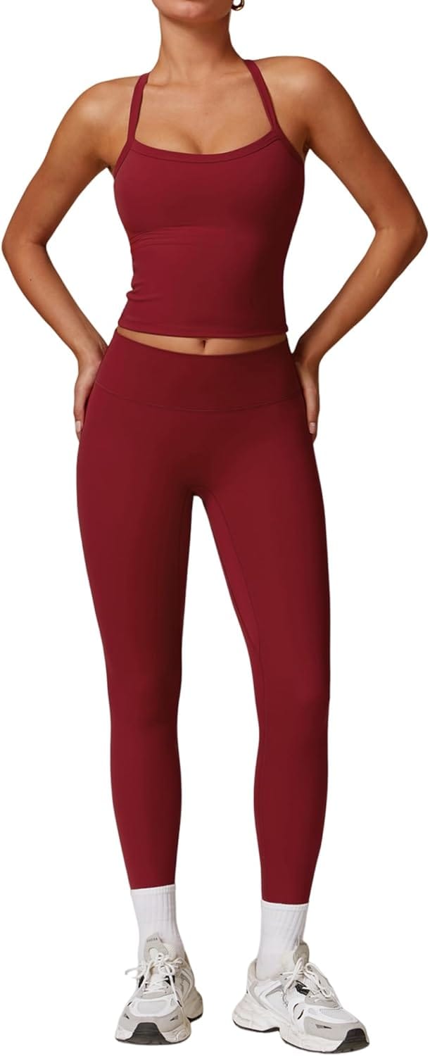 Womens Workout Sets Two Piece Cross Back Tank Top Matching High Waist Leggings Sets Gym Outfits Work Out Clothes