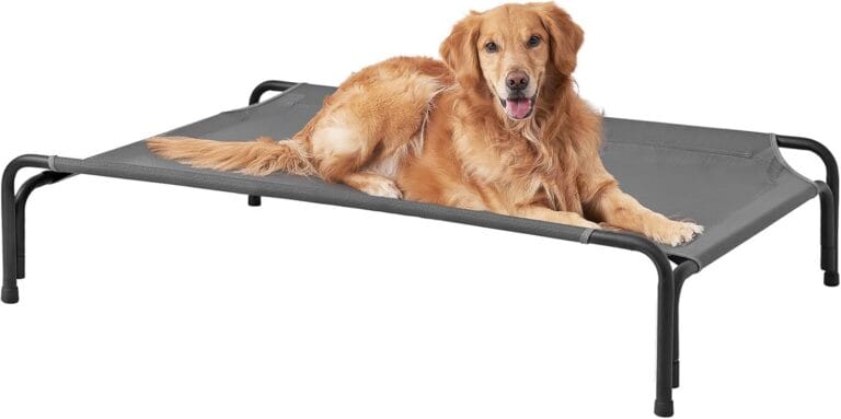 EHEYCIGA Reinforced Elevated Large Dog Cot Bed, Raised Outdoor Dog Hammock, Lifted Pet Platform with Frame and Washable Waterproof Cooling Teslin Mesh and Anti-Slip Feet, 43x26 inch