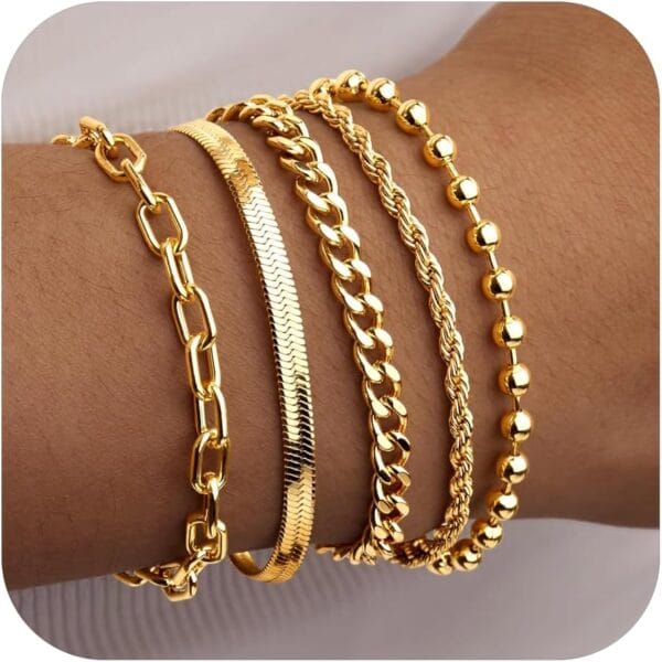 Gold Bracelets for Women Non Tainish,Dainty Bracelets Stack for Women Trendy, Gold Plated Cuff Stackable Bracelets With Beaded Cuban Paperclip Snake Rope Bangle Hand Chain Jewelry Gifts for Women