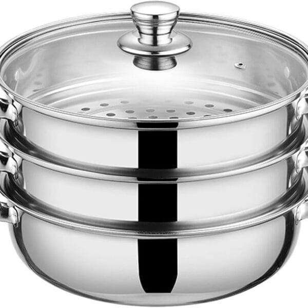 Steamer Pot for Cooking 11-inch Steam Pots with Lid, Multipurpose Steam Pot Stainless Steel Steaming Pot Cookware with Handle for Vegetable, Stews, Pasta, Dumpling, Sauce, Food (3 Tier)