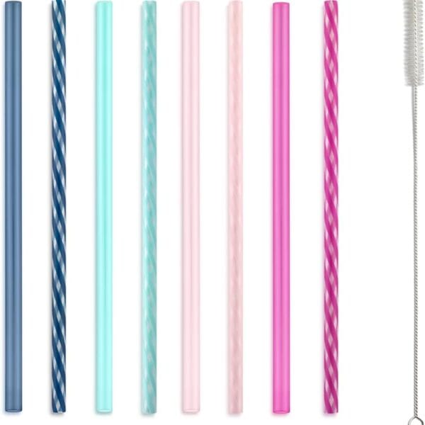 Ello Impact 8 Pack Reusable Plastic Straws, Dishwasher Safe, BPA-Free with Cleaning Brush,Rosewater