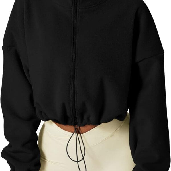 QINSEN Women's Full Zip Fleece Short Jacket Warm Winter Long Sleeve Stand Collar Sherpa Crop Coat